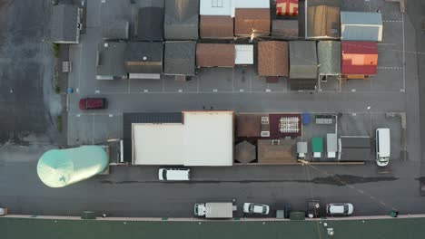 Aerial-of-building-and-shed-rooftops-at-empty-farmers-market-in-USA