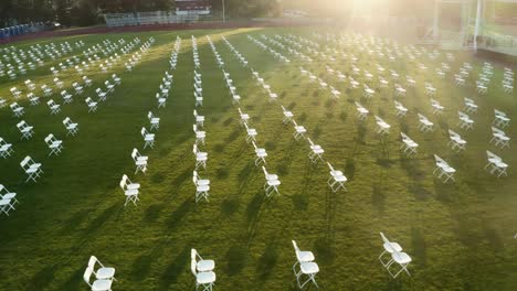 Empty-Chairs-With-Social-Distancing-On-Sports-Field-For-Graduation-Ceremony-During-COVID-19-Pandemic-In-Tacoma,-Washington,-USA