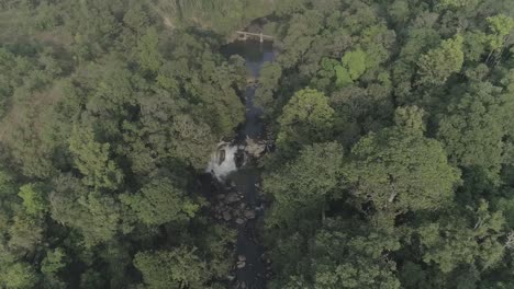 Descending-top-down-shot-of-waterfall-surrounded-by-dense-forest-in-Kerala,India-during-sunny-day