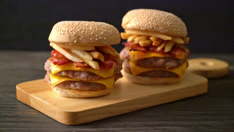 pork-hamburger-or-pork-burger-with-cheese,-bacon-and-french-fries