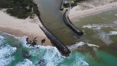 Aerial-View-Of-Cudgen-Creek-Mouth-And-Kingscliff-Beach-In-Summer