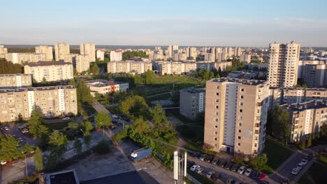 Ascending-Flyby-of-a-Soviet-Planned-Residential-District-Fabijoniskes-in-Vilnius,-Lithuania,-HBO-Chernobyl-filming-location