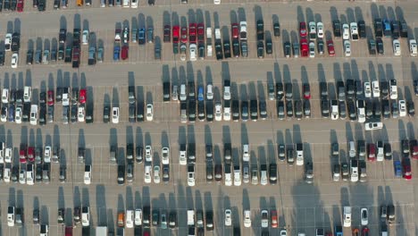 Aerial-tilt-up-reveals-parking-lot-full-of-new-cars-at-auto-auction-in-Manheim-Pennsylvania-USA
