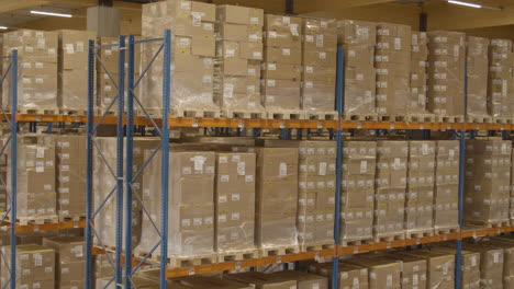 long-pan-of-high-racks-filled-with-boxes-in-warehouse