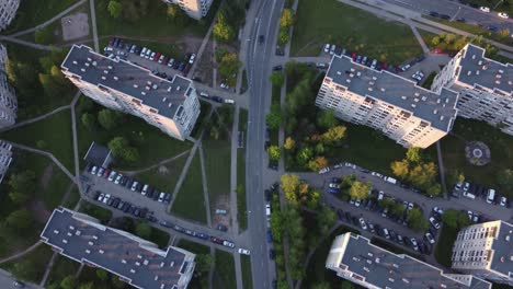 Top-Down-View-of-Soviet-Planned-Residential-District-Fabijoniskes-in-Vilnius,-Lithuania,-HBO-Chernobyl-filming-location