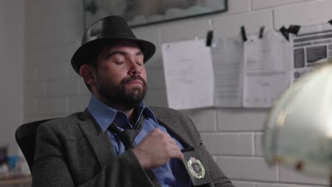 Hombre-Detective-De-Policía-Con-Chaqueta-Y-Sombrero-Sentado-En-El-Escritorio-De-La-Estación-Frustrado-Y-Triste-Arroja-Su-Placa