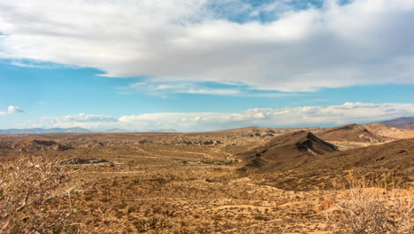 An-amazing-view-of-the-diverse-terrain-that-makes-up-the-Mojave-Desert-landscape---cloudscape-time-lapse