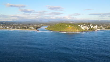 Distant-View-Of-Burleigh-Headland-And-Tallebudgera-Beach-At-Gold-Coast-City-In-Queensland,-Australia,-aerial