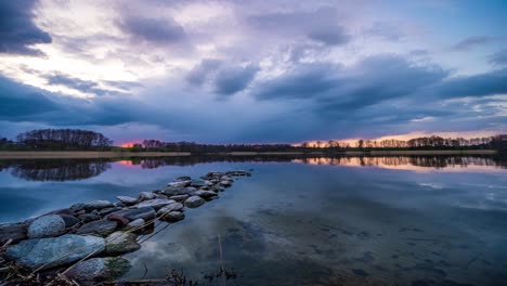 Cloudy-Sunset-Sky-on-a-Lake,-Kashubia,-Poland