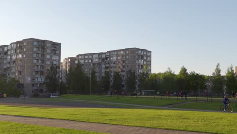 School-Yard-with-Football-Field-in-a-Soviet-Planned-District-Fabijoniskes-in-Vilnius,-Lithuani,-HBO-Chernobyl-filming-location