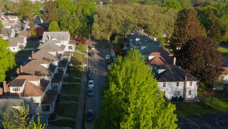 Aerial-establishing-shot-of-quiet-neighborhood-town