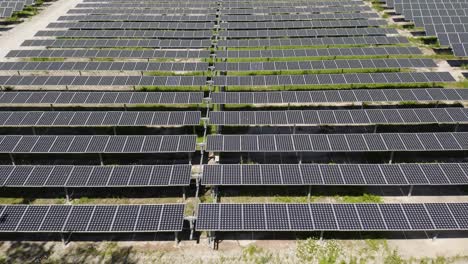 Aerial-View-of-Hundreds-of-Solar-Powered-Panels-Producing-Green-Renewable-Electrical-Energy