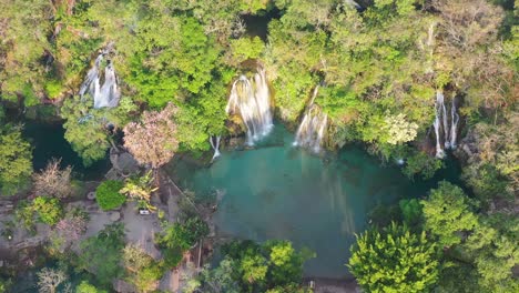 Aerial-view-of-Tamasopo-waterfalls-surrounded-by-trees-in-San-Luis-Potosi,-Mexico