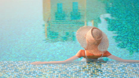 Rear-view-of-a-femele-tourist-leaning-on-the-edge-of-a-swimming-pool,-half-submerged-in-the-water,-wearing-straw-sun-hat-and-swimwear