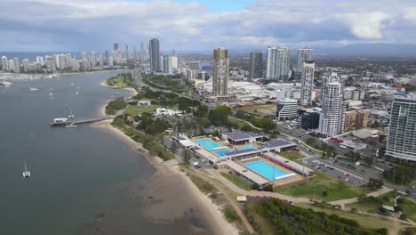 Aerial-View-Of-Broadwater-Parklands-Swimming-Pool-Near-Southport-Pier-In-QLD,-Australia