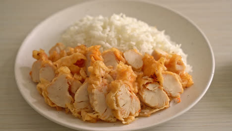 fried-chicken-topped-on-rice-with-spicy-dipping-sauce