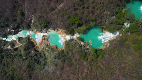 Aerial:-top-down-view-of-El-Chiflon-Waterfall-in-Chiapas-Mexico,-4K-rising-view