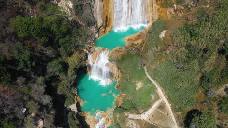 Aerial:-El-Chiflon-Waterfall-tourist-destination-in-Chiapas,-Mexico,-4K-view