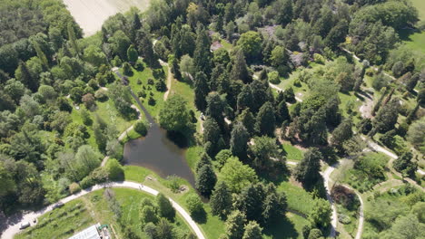 Aerial-of-small-pond-in-beautiful-green-park