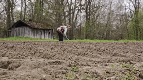 Retired-woman-working-on-arable-land-with-hands,-distance-static-view