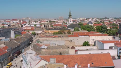 The-City-of-Novi-Sad-in-Serbia,-4K-aerial-view-over-city-streets-and-buildings