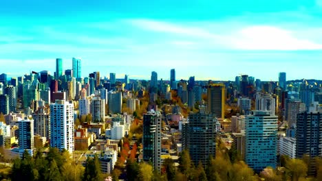 2-2stanley-Park-Edge-Condominium-Residencial-Tower-Building-Apartments-En-El-Centro-De-Vancouver,-Canadá-Sobrevuelo-Aéreo-Paralelo-Sobre-Las-Casas-Junto-A-La-Entrada-Del-Bosque-Por-Carriles-Para-Bicicletas-Y-Barreras-Del-Puerto-De-Carbón