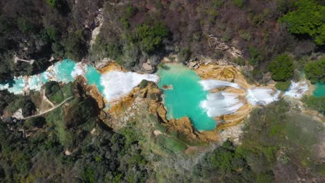 Aerial-top-down-shot-of-waterfall-cascades-in-tropical-mountainside,-4K-view