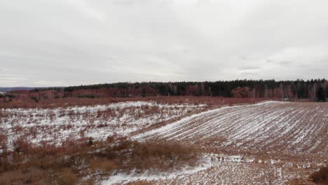 Brownfield-Partially-Covered-With-Snow-Beside-The-Forest-On-Buszkowy-Gorne,-Poland