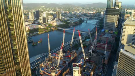 Tower-Cranes-On-The-Top-Of-Queen's-Wharf-Brisbane-Building-At-The-Riverside-In-Brisbane-City,-Queensland,-Australia