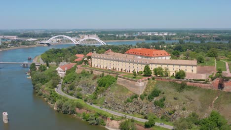 Aerial-view-of-the-Petrovaradin-Fortress-near-the-Danube-in-the-city-of-Novi-Sad