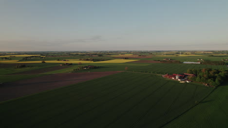Epic-sunset-landscape-with-farms-and-canola-fields,-Skåne,-Sweden,-aerial