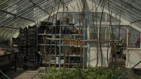 Gardening-equipment-and-plants-inside-glass-greenhouse