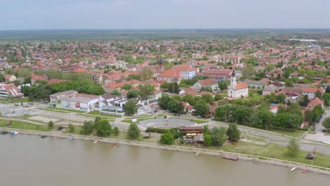 Aerial:-historical-Serbia-town,-residential-district-on-riverside
