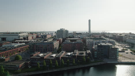 Luxury-area-Västra-Hamnen-seen-from-Malmö-harbor,-Turning-Torso-aerial