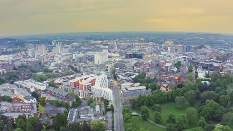Beautiful-cinematic-aerial-shot-flying-backwards-over-Nottingham-city-in-England