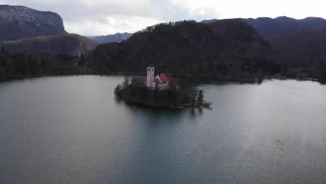 Aerial-view-of-Island-in-Bled-Lake