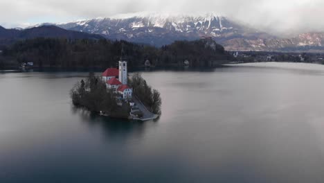 Aerial-view-of-Island-in-Bled-Lake