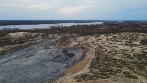 Aerial-birds-eye-shot-of-sand-mining-area-and-Vistula-River-in-background
