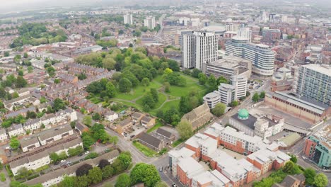 Aerial-shot-over-the-historic-city-of-Nottingham-in-England-on-a-summer-day