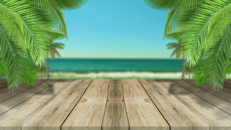 -Beautiful-beach-Ocean-with-palms-and-tropical-leaves-LOOP-4k