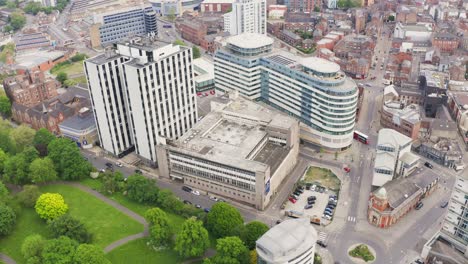 Beautiful-aerial-shot-flying-over-Nottingham-city-and-buildings-in-England