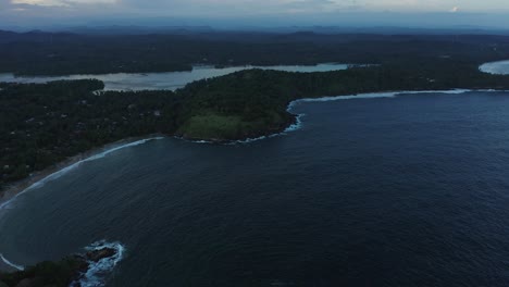 Scenic-coastline-of-Sri-Lanka-with-Hummanaya-Bay-at-dusk,-aerial