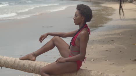 Sexy-Afrikanisches-Bikini-Model-Sitzt-Auf-Einem-Baumstamm-Im-Sand-Und-Blickt-Auf-Die-Tosenden-Wellen-Des-Ozeans