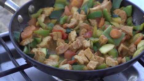 Vegan-vegetarian-tofu-cooking-sizzling-in-hot-pan-camping-food