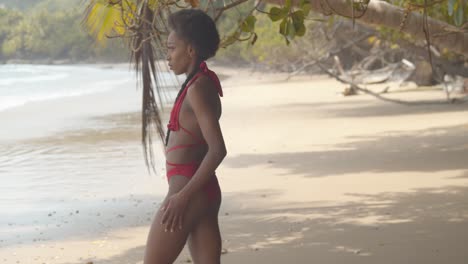 African-girl-with-an-afro-hairstyle-walks-out-from-under-the-trees-revealing-an-epic-beach-location