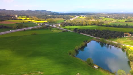 Luftbilder-Mit-Drohne-Eines-Rapsfeldes-In-Llagostera-Gerona-Costa-Brava-Spanien-Zenitaufnahmen-Flüssige-Bewegungen-Europäische-Kulturen-Radtouren