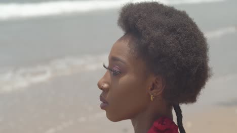 Afrikanische-Gesichtsmodellnahaufnahme-Mit-Einer-Afrofrisur-Und-Wellen-Des-Ozeans-Im-Hintergrund