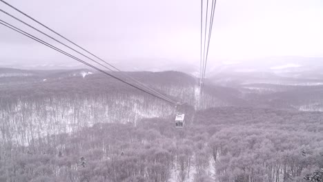 Slow-motion-view-of-beautiful-winter-landscape-with-snowy-cable-cars-and-forest