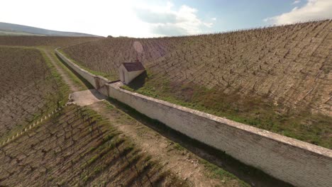 a-dynamic-orbiting-aerial-view-of-a-house-and-wall-in-the-Vineyards-in-Chablis,-France