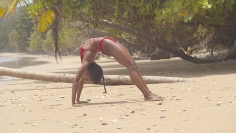 Erstaunliche-Verrenkungspose-Eines-Afrikanischen-Mädchens-Im-Bikini-An-Einem-Strandort